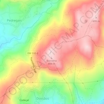 Mapa topográfico Borrelho, altitude, relevo