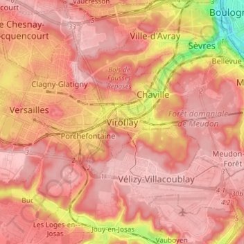 Mapa topográfico Viroflay, altitude, relevo