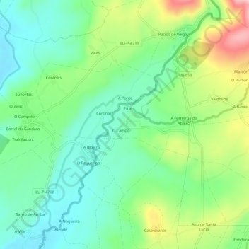 Mapa topográfico Outeiro, altitude, relevo