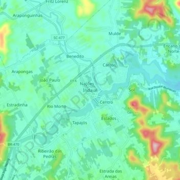 Mapa topográfico Indaial, altitude, relevo