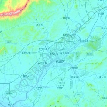 Mapa topográfico Shangrao, altitude, relevo