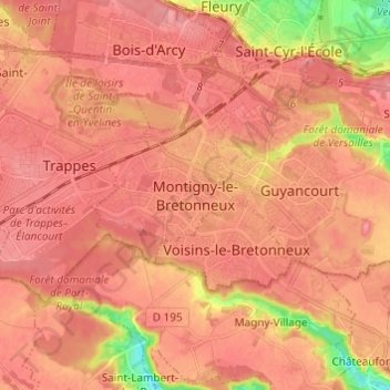 Mapa topográfico Montigny-le-Bretonneux, altitude, relevo