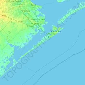 Mapa topográfico Galveston Island, altitude, relevo