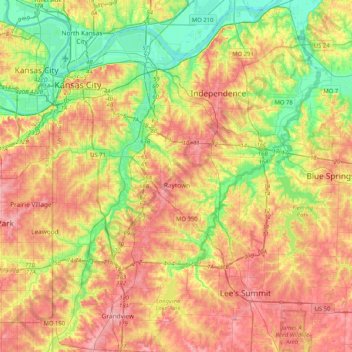 Mapa topográfico Raytown, altitude, relevo
