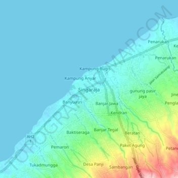 Mapa topográfico Singaraja, altitude, relevo