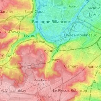 Mapa topográfico Meudon, altitude, relevo