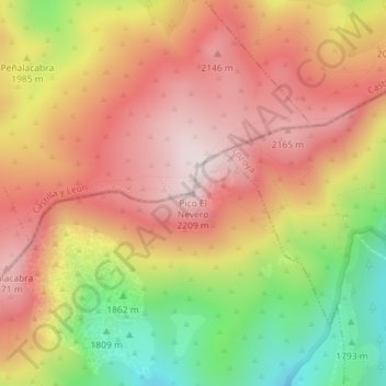 Mapa topográfico Pico El Nevero, altitude, relevo