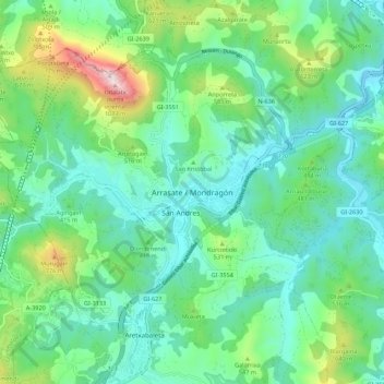 Mapa topográfico Arrasate / Mondragón, altitude, relevo