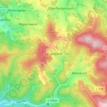 Mapa topográfico Ursenbach, altitude, relevo