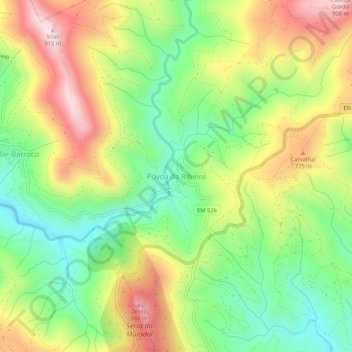 Mapa topográfico Póvoa da Ribeira, altitude, relevo