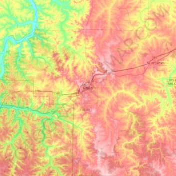 Mapa topográfico Rolla, altitude, relevo