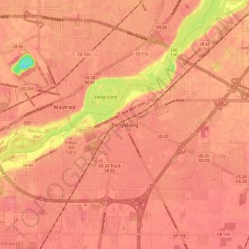 Mapa topográfico Perrysburg, altitude, relevo
