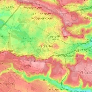 Mapa topográfico Versalles, altitude, relevo
