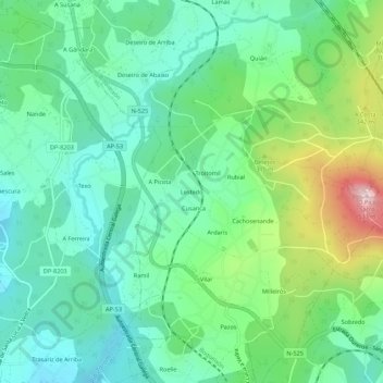 Mapa topográfico Lestedo, altitude, relevo