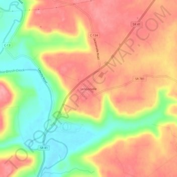 Mapa topográfico Jacksonville, altitude, relevo