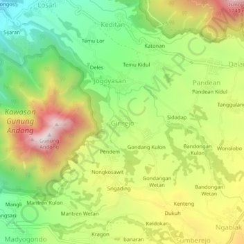 Mapa topográfico Girirejo, altitude, relevo