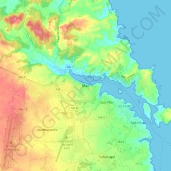 Mapa topográfico Maó / Mahón, altitude, relevo