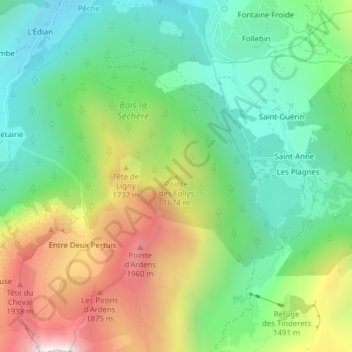 Mapa topográfico Pointe des Follys, altitude, relevo