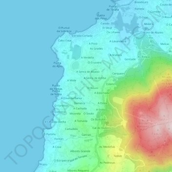 Mapa topográfico Currás, altitude, relevo