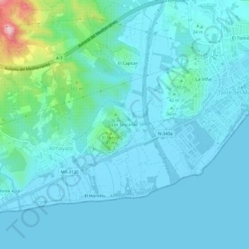 Mapa topográfico Los Toscanos, altitude, relevo
