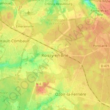 Mapa topográfico Roissy-en-Brie, altitude, relevo