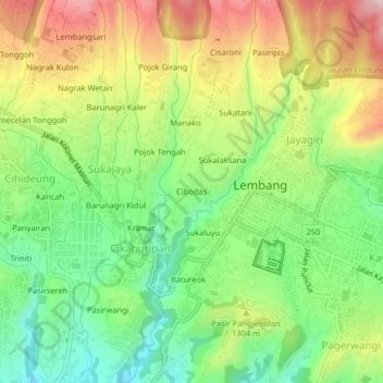 Mapa topográfico Cibodas, altitude, relevo