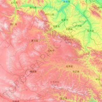 Mapa topográfico 甘南州, altitude, relevo