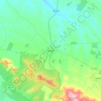 Mapa topográfico Sousel, altitude, relevo