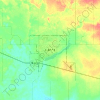 Mapa topográfico Hanna, altitude, relevo