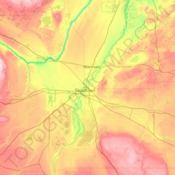 Mapa topográfico Saskatoon (city), altitude, relevo