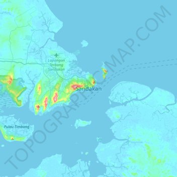 Mapa topográfico Sandakan, altitude, relevo