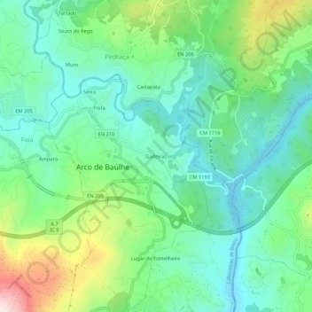 Mapa topográfico Gaiteiras, altitude, relevo