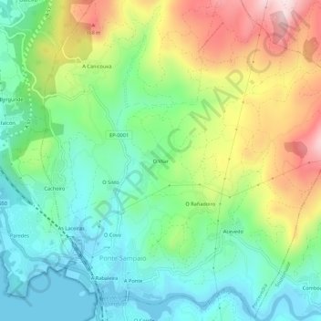 Mapa topográfico O Vilar, altitude, relevo