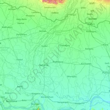 Mapa topográfico Saharsa, altitude, relevo