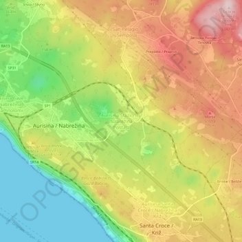 Mapa topográfico Aurisina Stazione, altitude, relevo