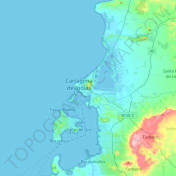 Mapa topográfico Cartagena, altitude, relevo