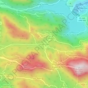 Mapa topográfico Santa Luzia, altitude, relevo