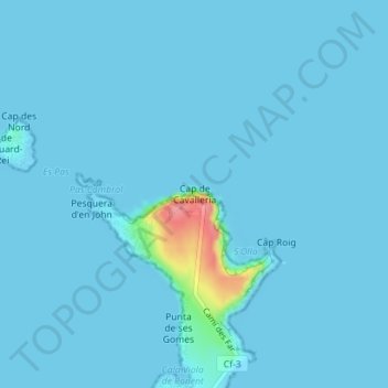 Mapa topográfico Cabo Caballería, altitude, relevo