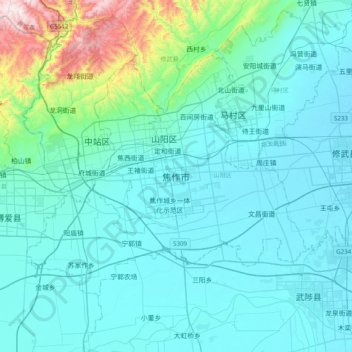 Mapa topográfico Jiaozuo, altitude, relevo
