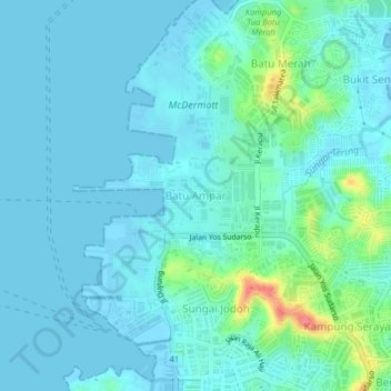 Mapa topográfico Batu Ampar, altitude, relevo