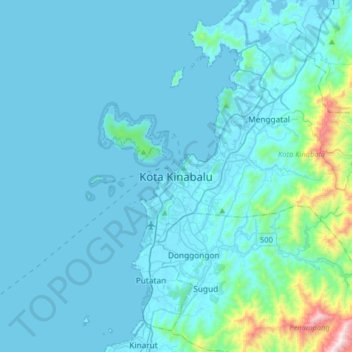 Mapa topográfico Kota Kinabalu, altitude, relevo