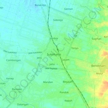 Mapa topográfico Sukoharjo, altitude, relevo