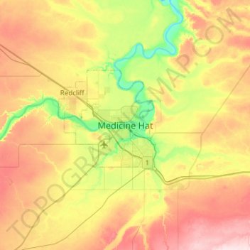 Mapa topográfico Medicine Hat, altitude, relevo