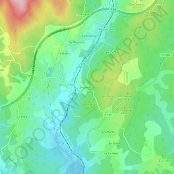 Mapa topográfico Soudeillette, altitude, relevo