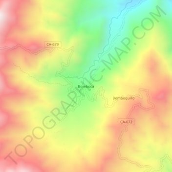Mapa topográfico Bomboca, altitude, relevo