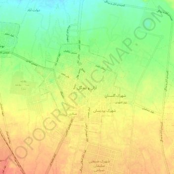 Mapa topográfico Aran va Bidgol, altitude, relevo