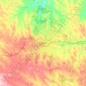 Mapa topográfico Gillette, altitude, relevo