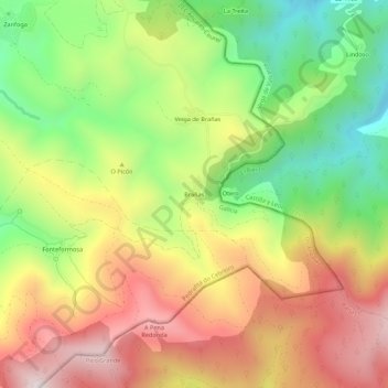 Mapa topográfico Brañas, altitude, relevo