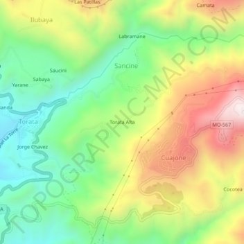 Mapa topográfico Torata Alta, altitude, relevo