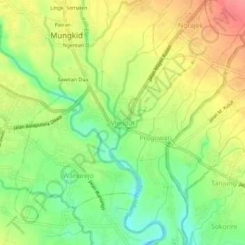 Mapa topográfico Mendut, altitude, relevo